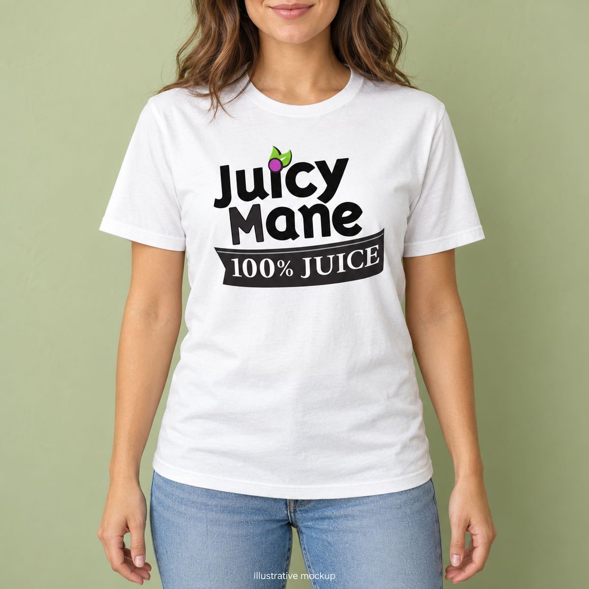 Illustrative AI-generated lifestyle mockup of the white Juicy Mane 100% Juice Tee; use the original front image for design and placement reference.