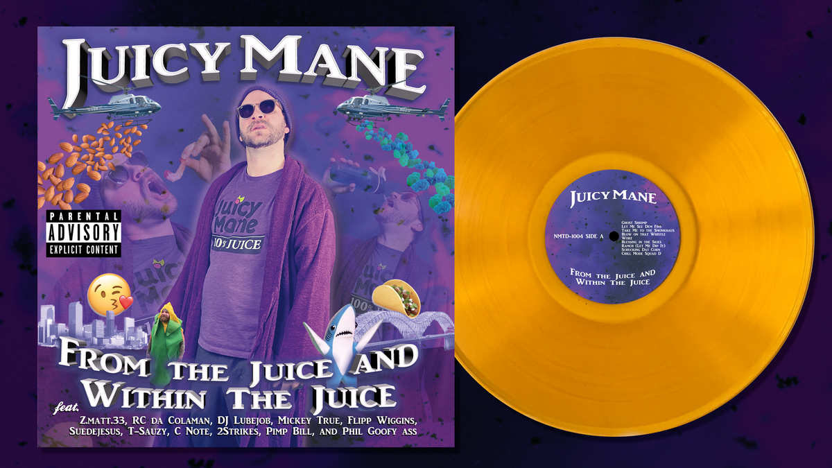 Archive mockup of Juicy Mane From the Juice and Within the Juice jacket and translucent orange vinyl, side A