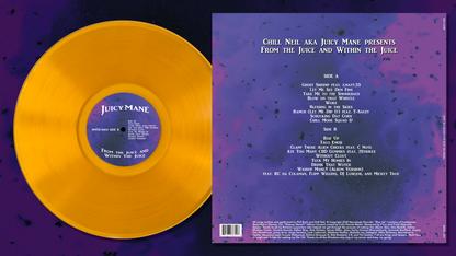 Archive mockup of Juicy Mane translucent orange vinyl, side B, with the printed jacket track list