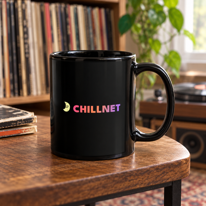 Lifestyle mockup of the ChillNet Moon Guy Black Mug.
