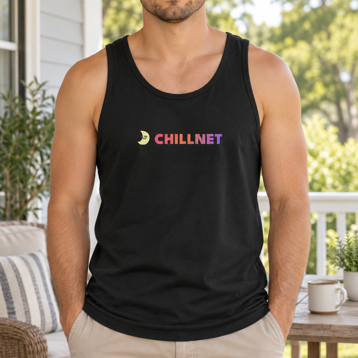 Lifestyle mockup of the ChillNet Moon Guy Tank.