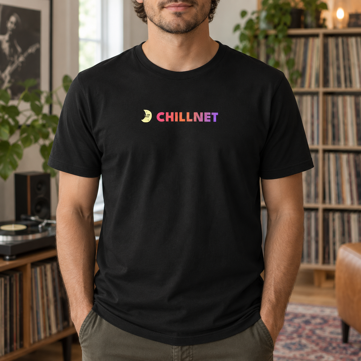 Lifestyle mockup of the ChillNet Moon Guy Tee.