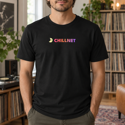 Lifestyle mockup of the ChillNet Moon Guy Tee.