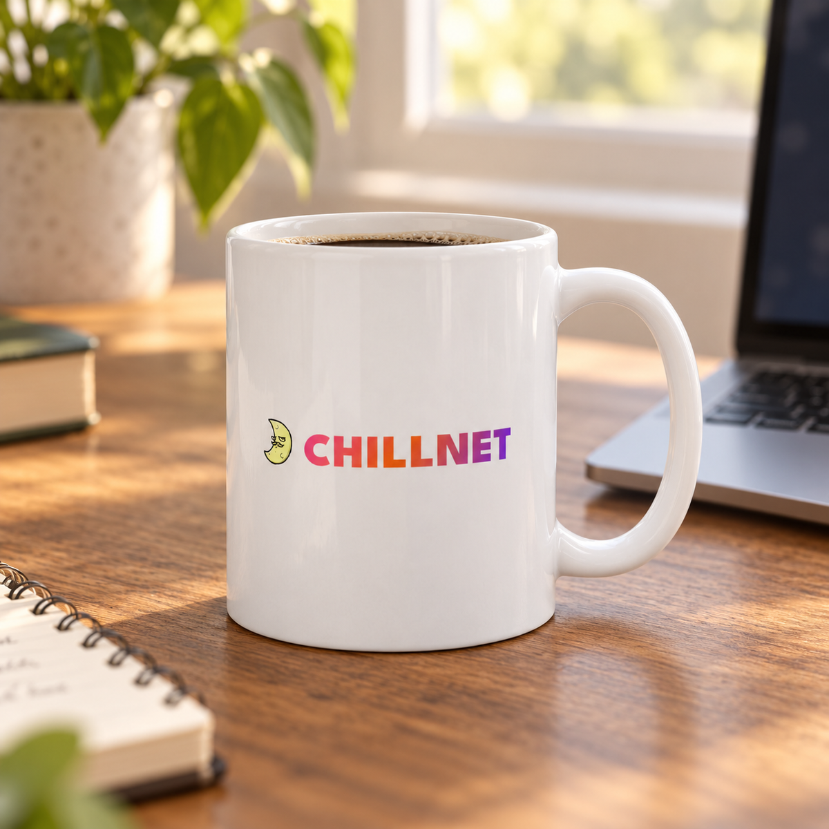 Lifestyle mockup of the ChillNet Moon Guy White Mug.
